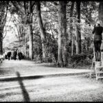 Een zwart-witfoto toont een persoon die op een ladder staat in een bospad en een foto maakt terwijl een ander persoon de ladder stabiliseert. Een groep mensen is te zien die in de verte naar de camera loopt. Zonlicht filtert door de bomen en werpt schaduwen.