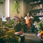 Een persoon zit op een oranje stoel in een weelderige plantenwinkel, omringd door verschillende potplanten, kleurrijke bloemen en hangend groen. De kamer is gevuld met natuurlijk licht dat door grote ramen naar binnen komt, wat een serene en levendige sfeer creëert.